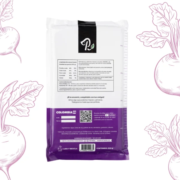 Alimento natural PetMeal, dieta cocida para perro sabor res, betabel 500g