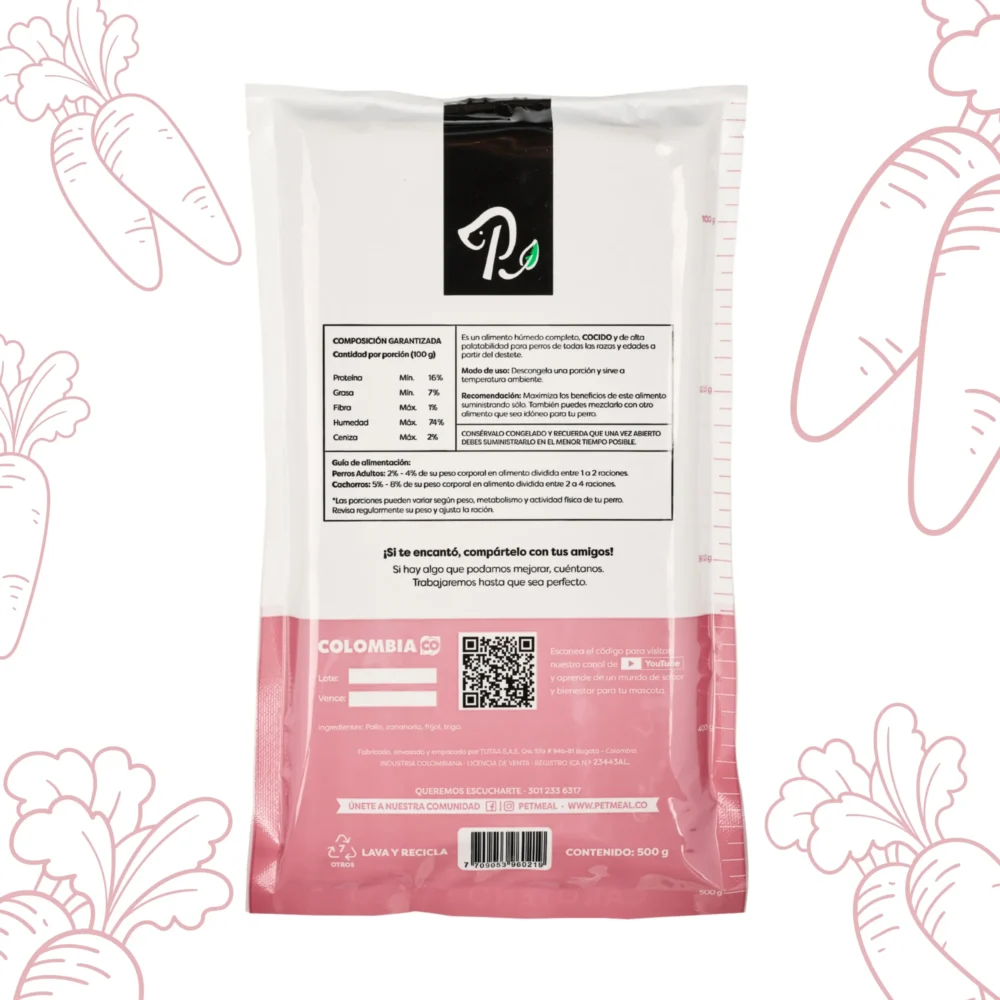 alimento natural para perro sabor pollo 500g