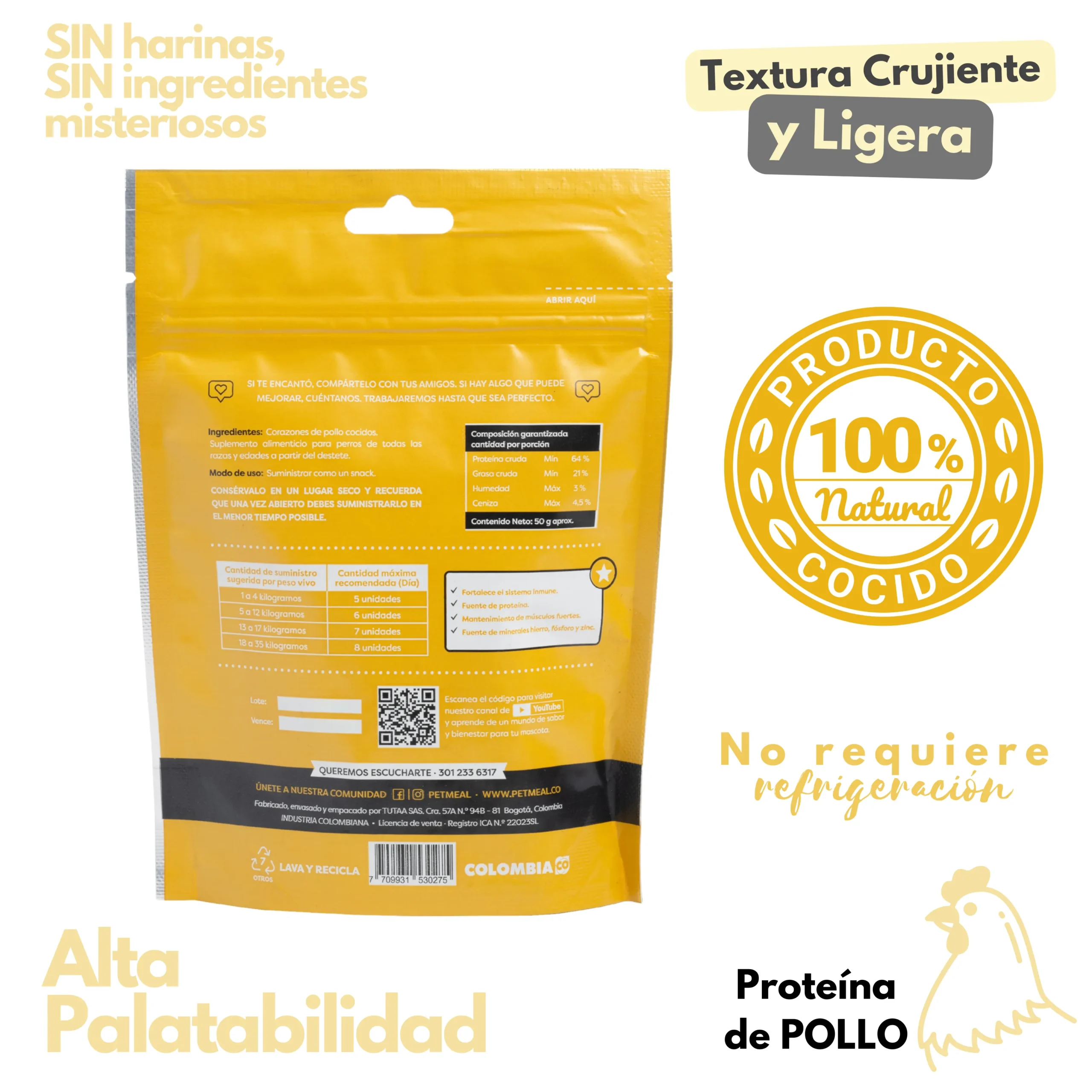 delicioso Petmeal snack para perro corazones de pollo 50g