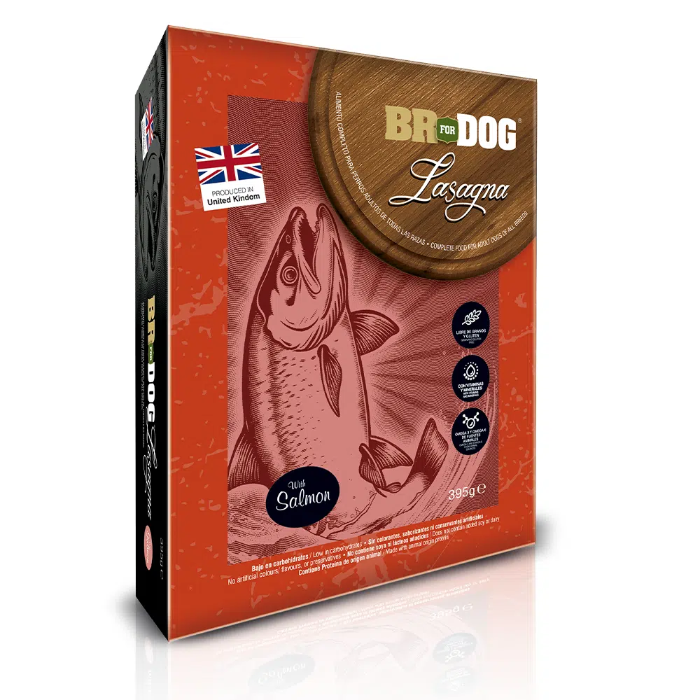 lasagna alimento humedo para perro con salmon 395g