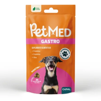El PETMED Gastro para perro es un suplemento nutricional en masticables diseñado para apoyar la salud digestiva y el equilibrio de la flora intestinal. Su fórmula ayuda a mejorar la digestión, favorecer la absorción de nutrientes y contribuir a una mejor consistencia de las heces, promoviendo el bienestar gastrointestinal de los perros.