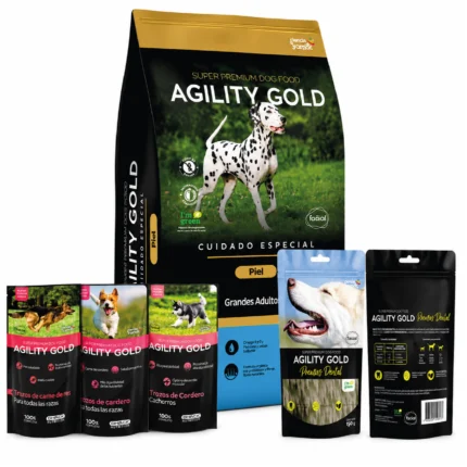 Agility gold grandes adultos piel 8 kg + Agility gold premio dental 150 GR + (gratis) 1 pouch 100 GR (cordero,res,pavo)