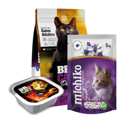 Promo combo; Br for cats adulto pollo 3 kg + Arena muchiko lavanda 5 kg +(gratis) 1 pate salmon br fot cats atún 100 Gr