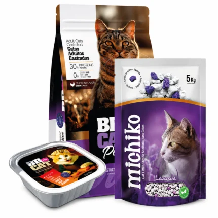 ; Br for cats adulto castrados pollo 3 kg + Arena michiko lavanda 5 kg +(gratis) 1 pate salmon br fot cats atún 100 Gr