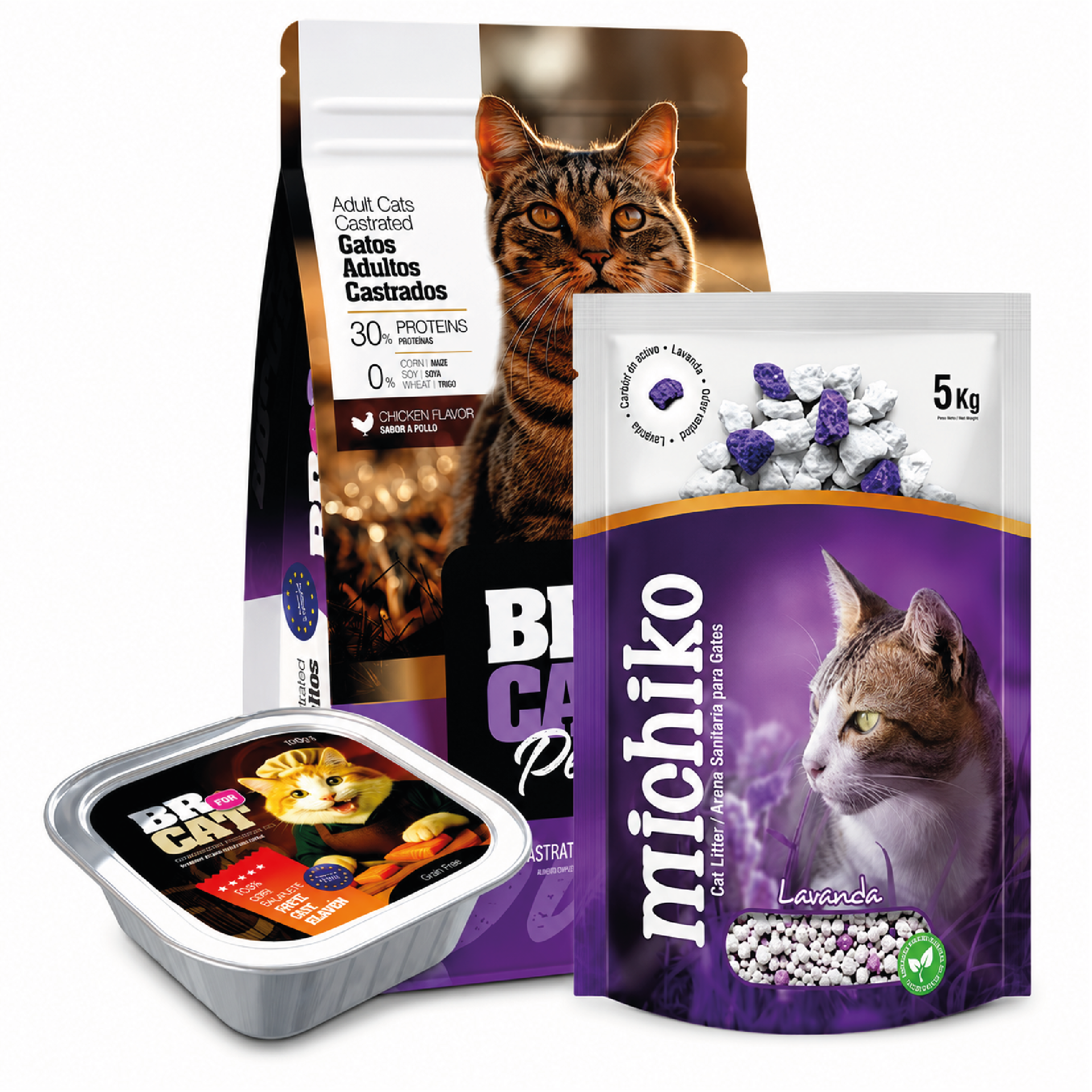 ; Br for cats adulto castrados pollo 3 kg + Arena michiko lavanda 5 kg +(gratis) 1 pate salmon br fot cats atún 100 Gr