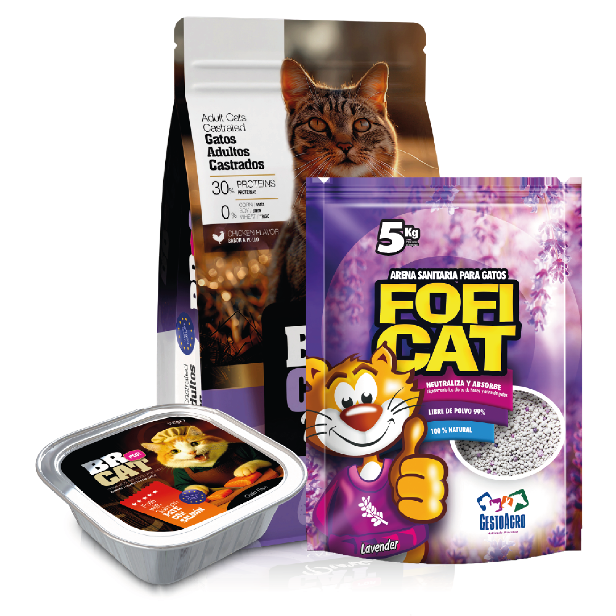 Br for cats adulto castrados pollo 3 kg + Areana fofi cat lavanda 5 kg +(gratis) 1 pate salmon br fot cats atún 100 Gr