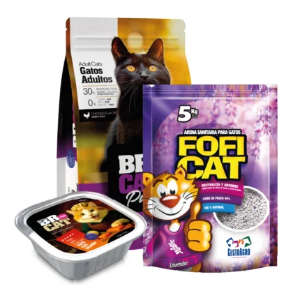 Promo combo; Br for cats adulto pollo 3 kg + Areana fofi cat lavanda 5 kg +(gratis) 1 pate salmon br fot cats atún 100 Gr