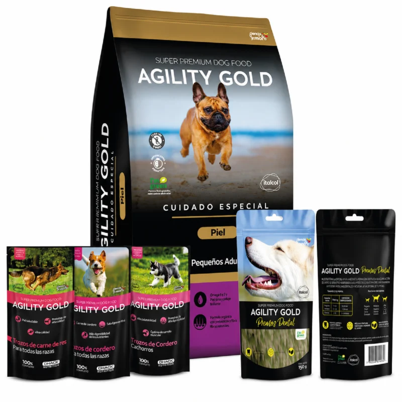Agility gold pequeños adultos piel 8 kg + Agility gold premio dental 150 GR + (gratis) 1 pouch 100 GR (cordero,res,pavo)